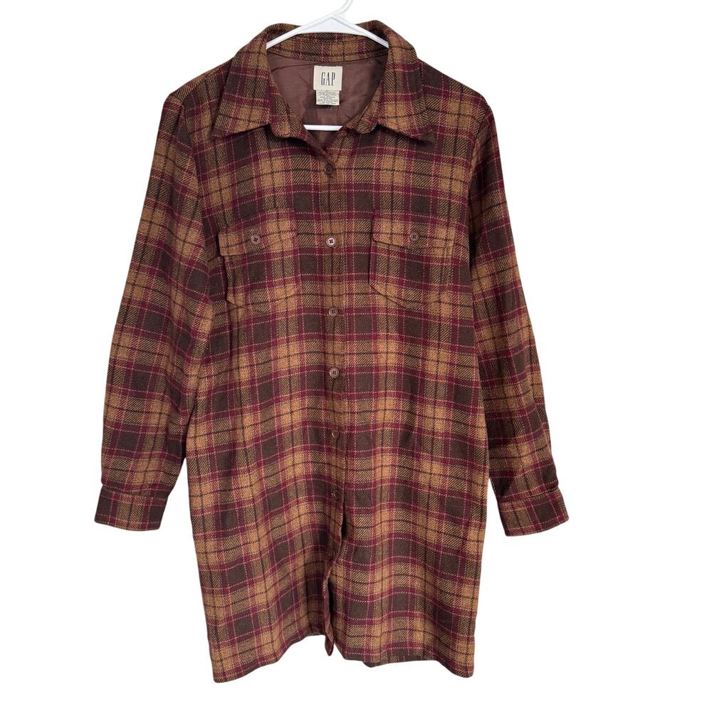 GAP Wool Flannel‎ Vintage Duster Length Leather Elbow Patches Sz Medium Shacket